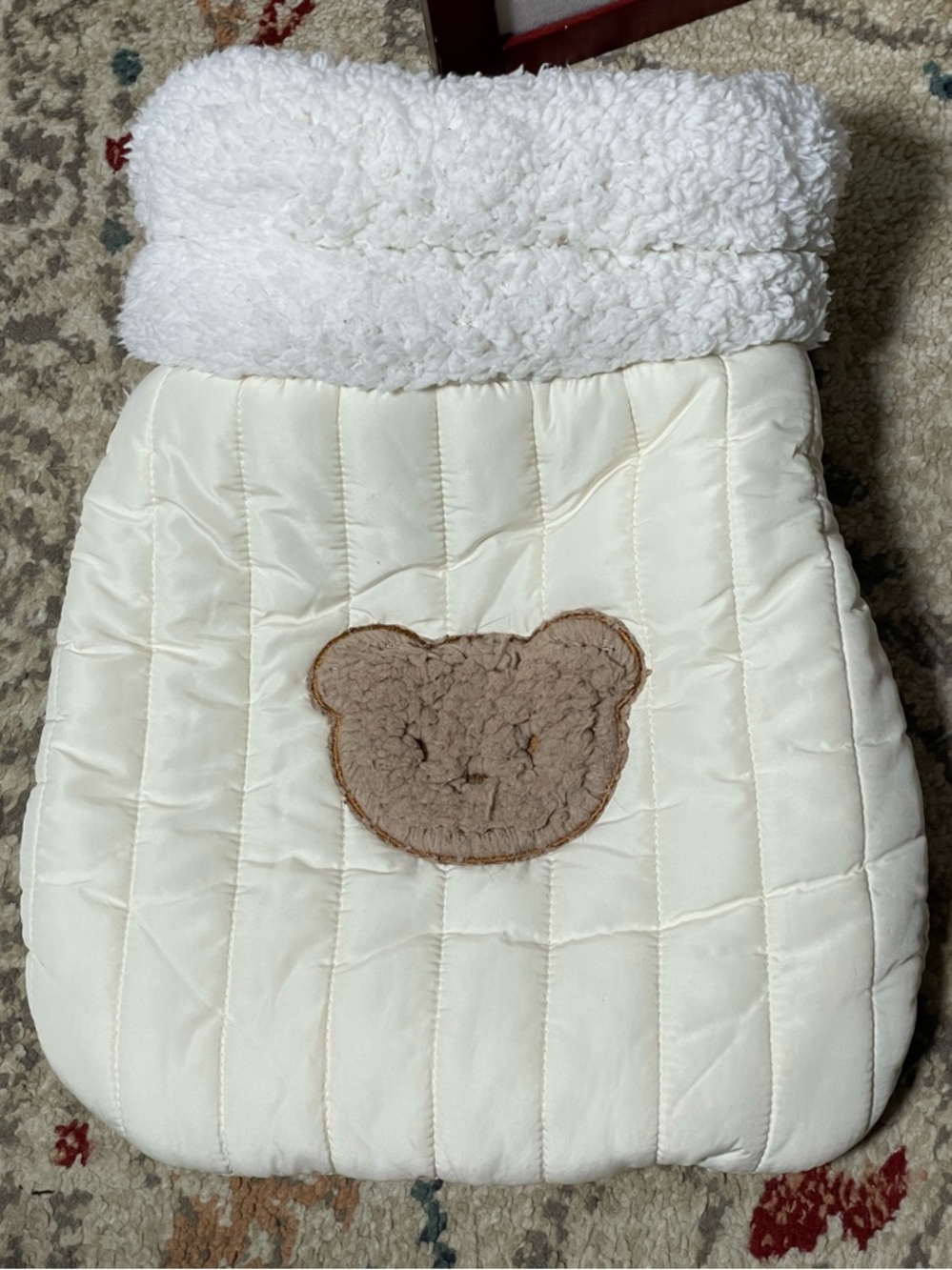 Kimpets Cream Quilted Sherpa-Trim Pet Neat with Bear Patch Kitty Sleeping Bag